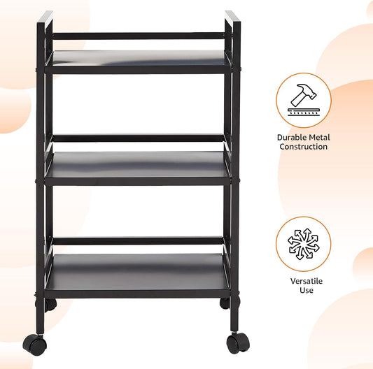 Amazon Basics 3-Tier Metal Rolling Utility Cart, Storage Organizer, Multifunctional Storage, Mobile Shelving, Black