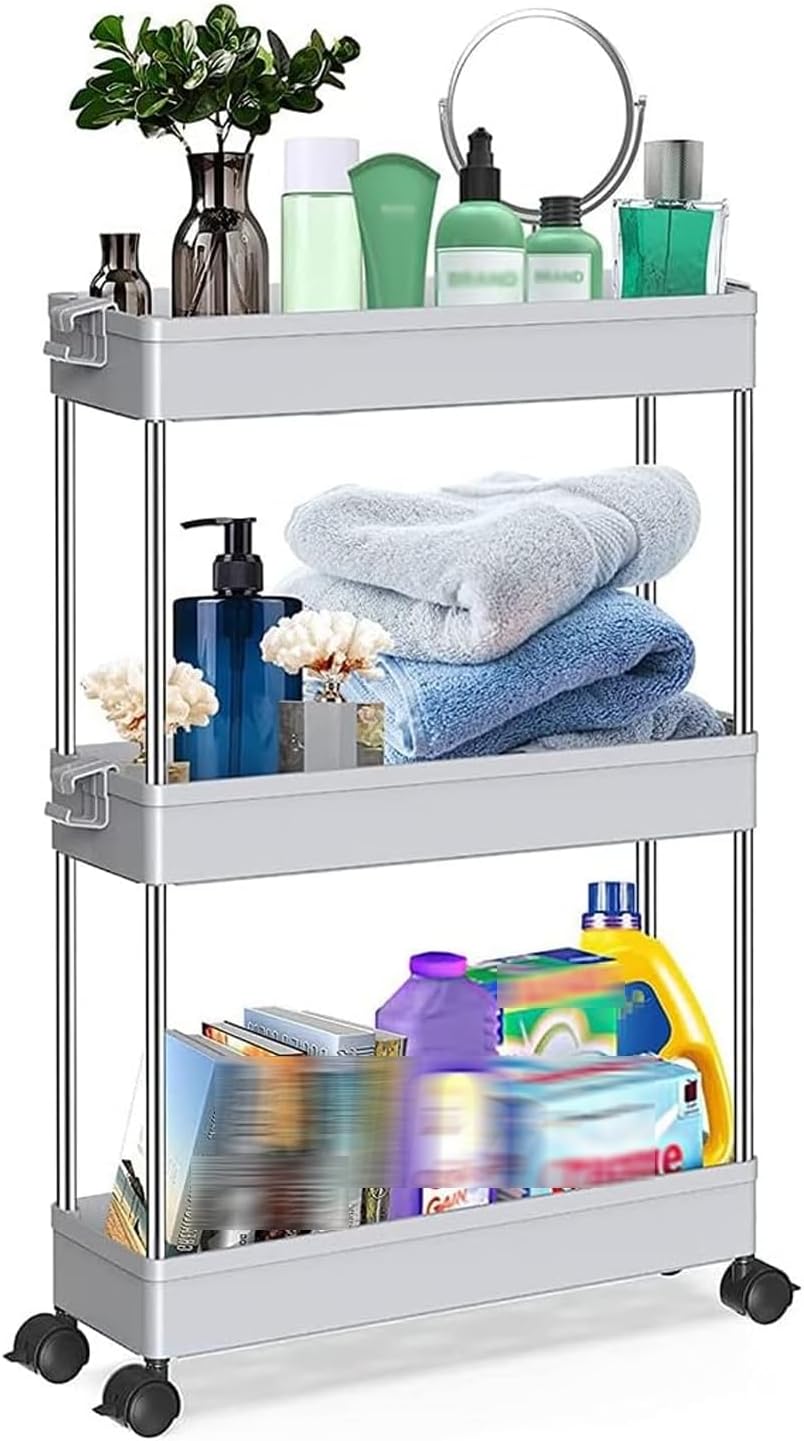 Storage Trolley 3-Tier, Storage Shelf Rack on Wheels, Multi- Purpose Trolley Organizer Cart, Rolling Cart Organiser, for Bathroom, Kitchen, Office, Library (Black-3 Layers