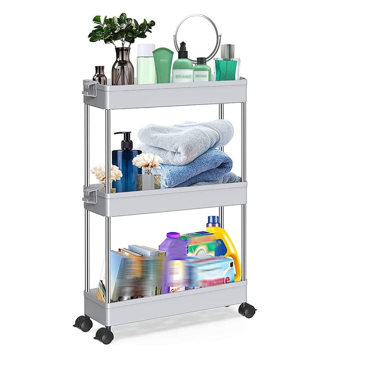 Storage Trolley 3-Tier, Storage Shelf Rack on Wheels, Multi- Purpose Trolley Organizer Cart, Rolling Cart Organiser, for Bathroom, Kitchen, Office, Library (Black-3 Layers