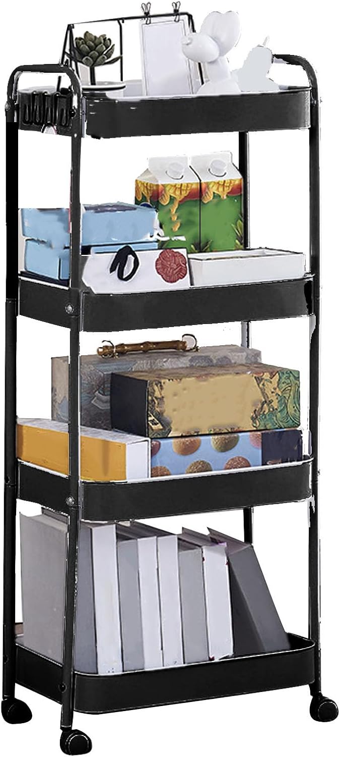 3 Tier Utility Rolling Cart, Movable Storage Organizer Trolley with Caster Wheels, Carbon Steel Multifunctional Shelving Cart for Kitchen Bathroom Bedroom (4 Layers)