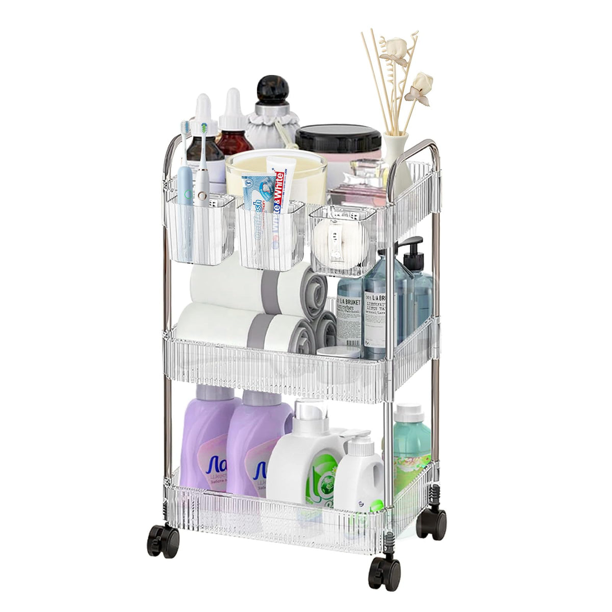 4 Tiers Rolling Storage Cart with Hanging Basket Acrylic Organizer