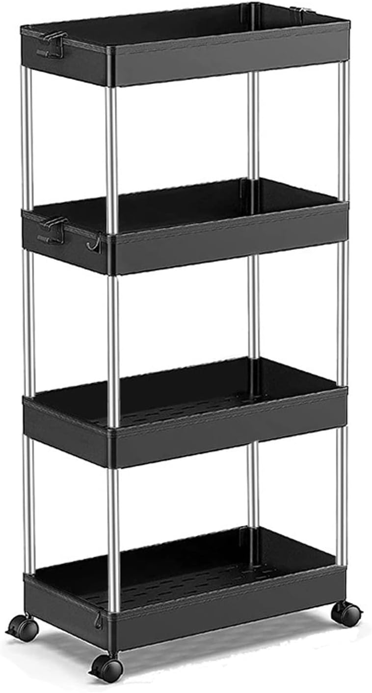 Storage Trolley Multi-Tier Rolling Unit Cart Mobile Storage Shelf for Kitchen Bathroom Rolling Organizers Rack,Black,4 Tier