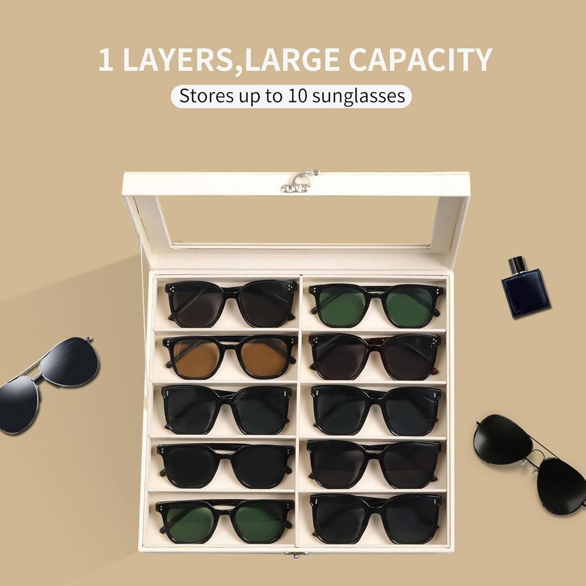 AUTOARK Large Sunglasses Organizer Case,10 Slot,Beige,MKAW-113