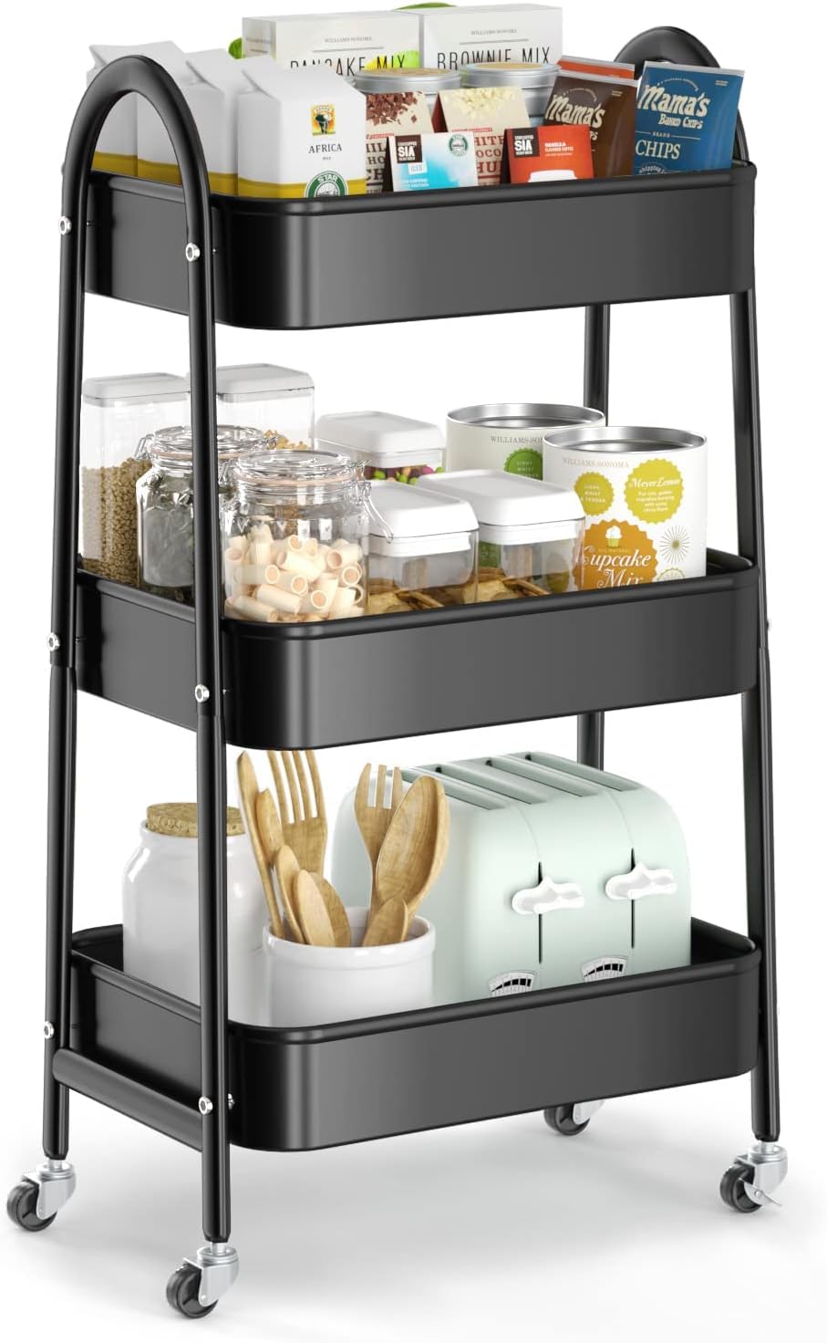 EAGMAK 3 Tier Utility Rolling Cart, Metal Storage Cart with Handle and Lockable Wheels, Multifunctional Storage Organizer Trolley with Mesh Baskets for Kitchen, Living Room, Office, Garage (Black)