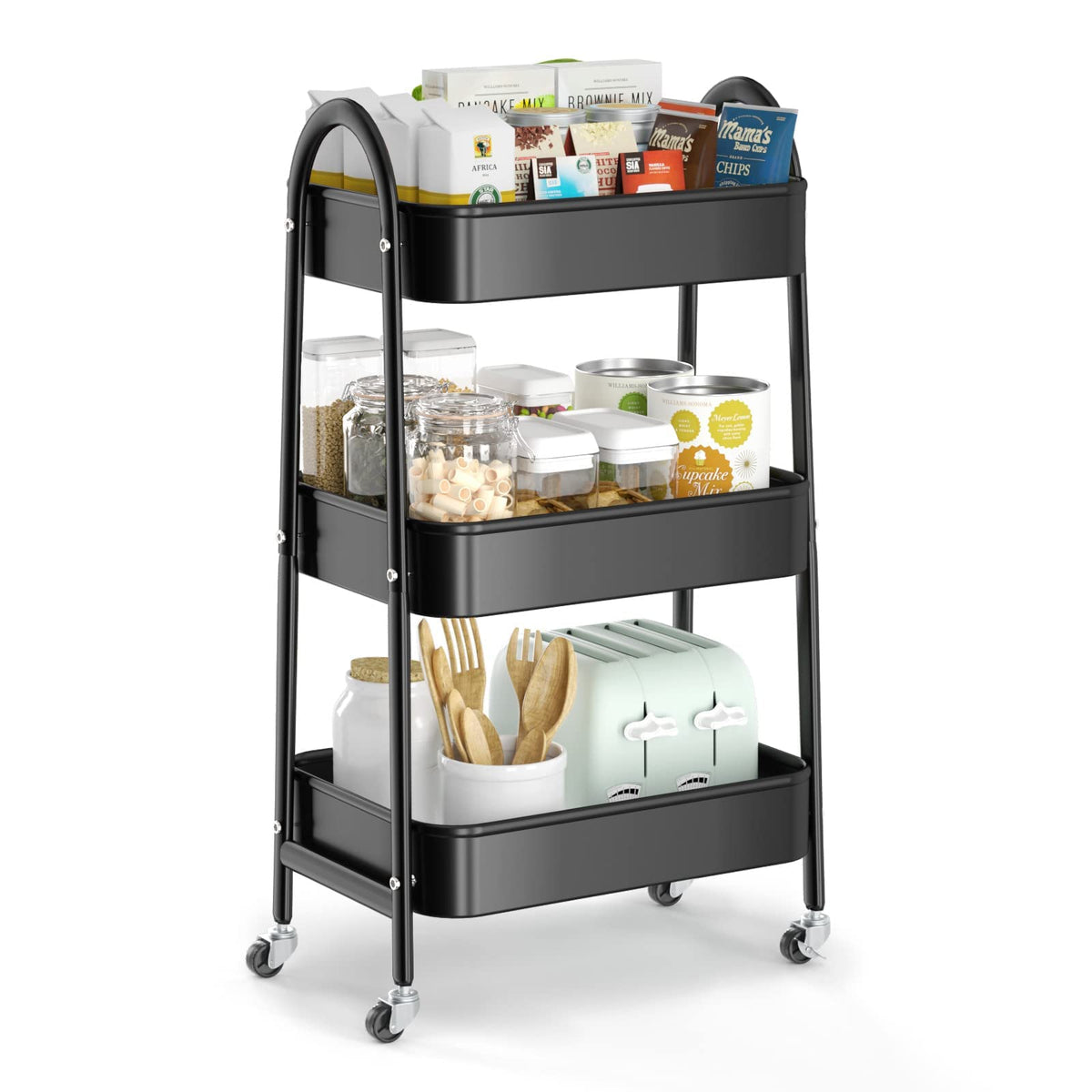 EAGMAK 3 Tier Utility Rolling Cart, Metal Storage Cart with Handle and Lockable Wheels, Multifunctional Storage Organizer Trolley with Mesh Baskets for Kitchen, Living Room, Office, Garage (Black)