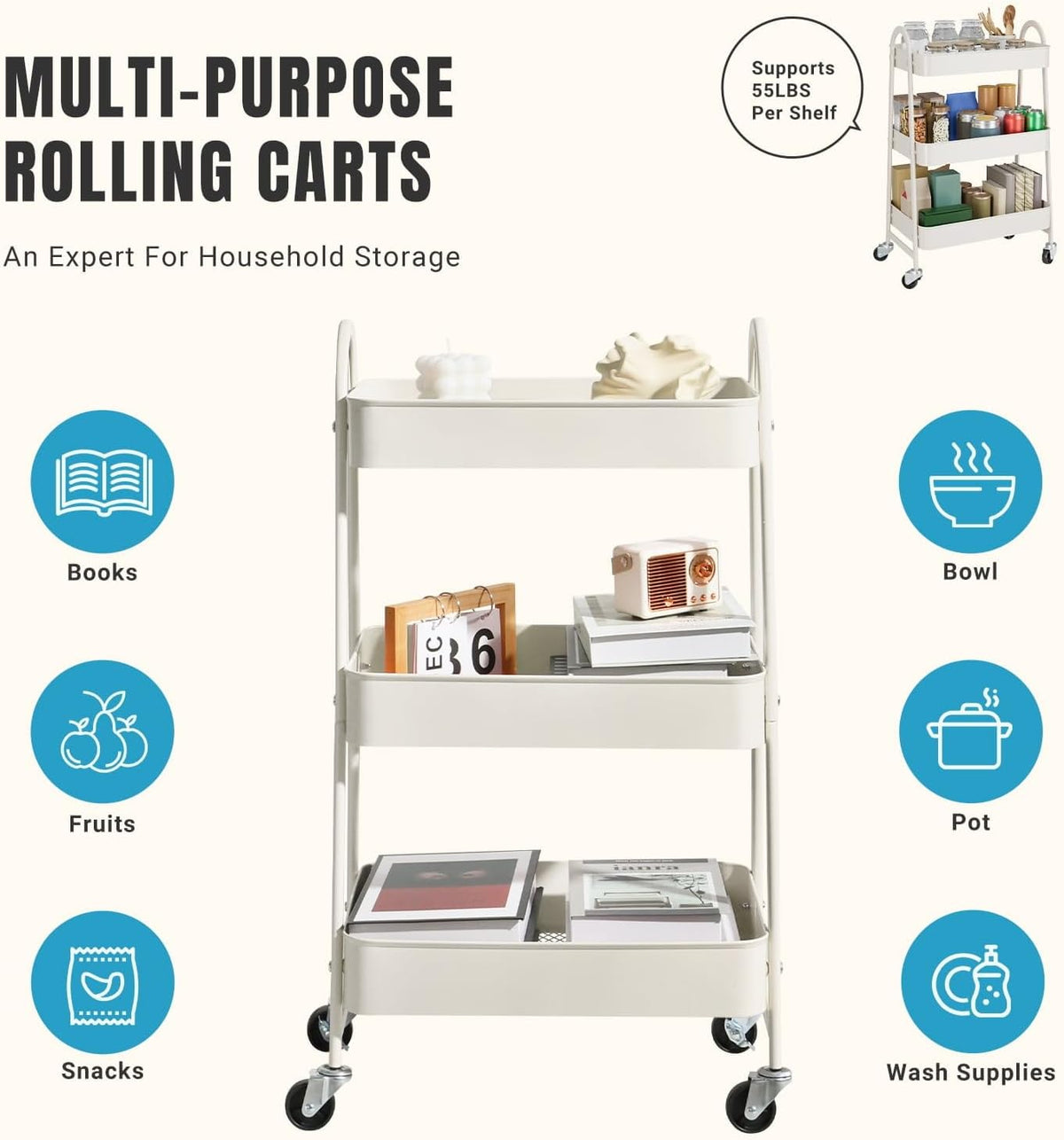 3 Tier Rolling Storage Cart with Lockable Wheels and Handle, Multi Purpose Utility Organizer Cart with Shelves for Kitchen Bathroom Office, Mobile Storage Trolley with Durable Frame