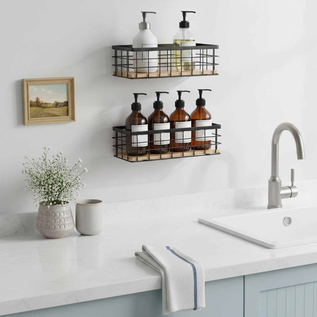 2 Pcs Small Metal Wire Basket Wall Hanging Wire Basket Hang Small Bathroom Kitchen Storage Organizer Toilet Paper Mesh Storage Bin Shelf Rack with Base(Black,10 x 4.1 x 2.7 Inches)