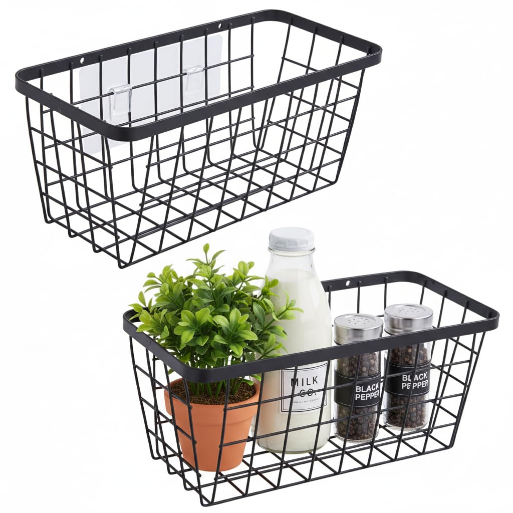 3 Set LeleCAT Adhesive Over the Cabinet Door Wire Baskets for Organizing for Kitchen Food Pantry Bathroom Shelf Storage No Drilling Wall Mounted,Black