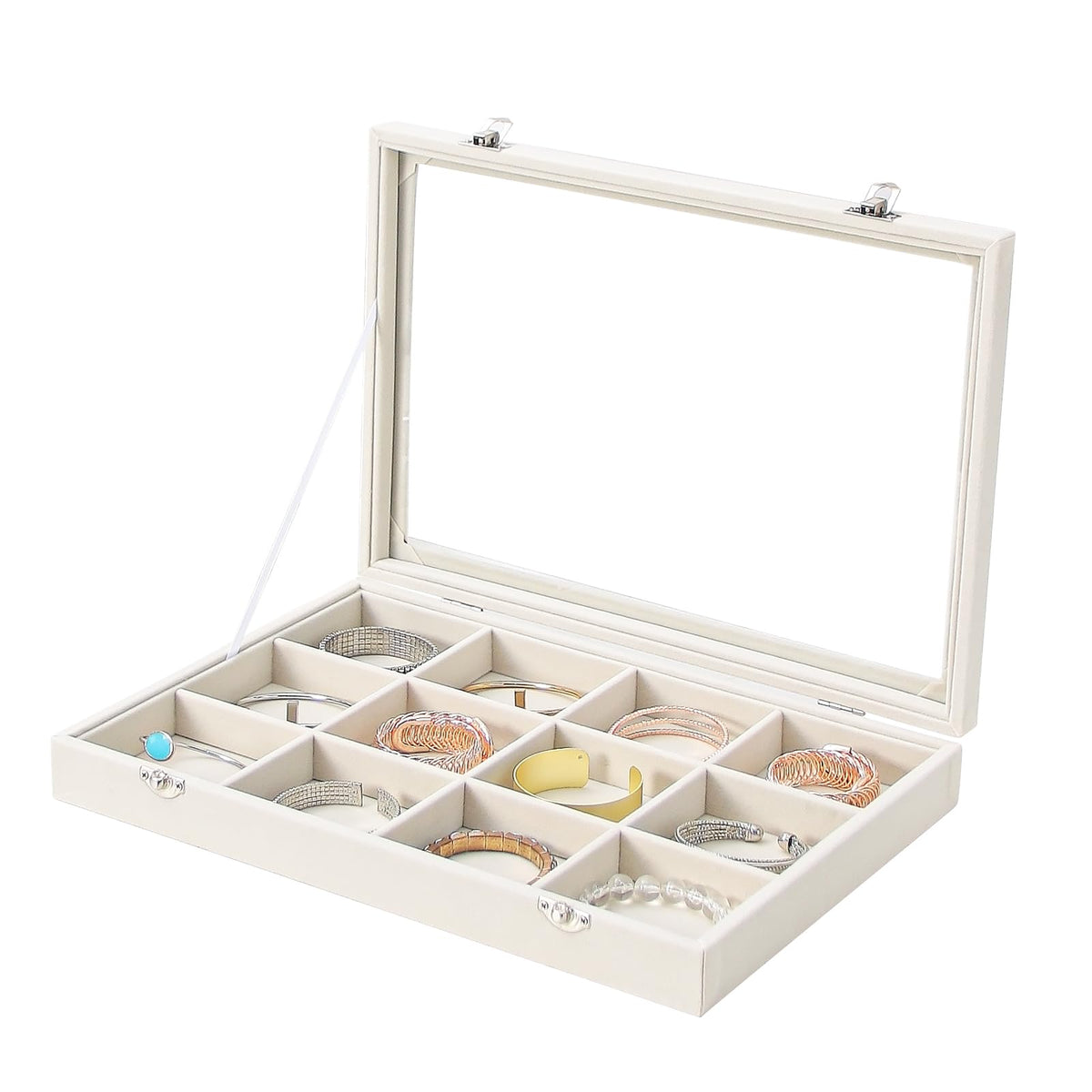 Coward Sunglass Organizer Tray Box, Beige Velvet Grids Eyeglasses Display Tray Case with Transparent Glass Lid for Home Use or Store Shop Selling Show