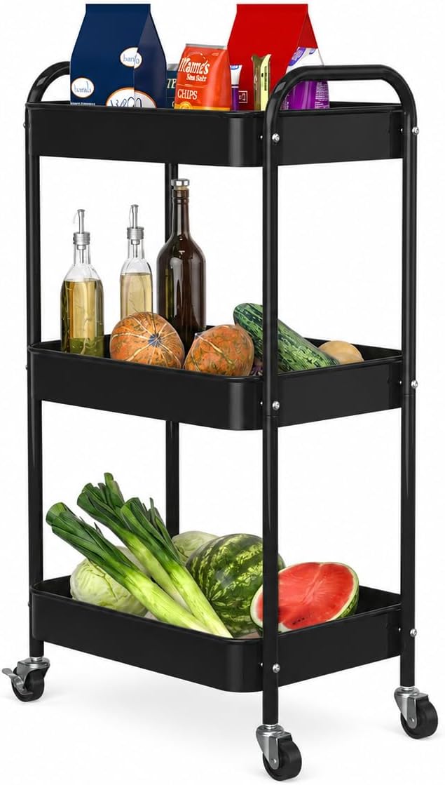 3-Tier Rolling Cart, Metal Utility Storage Carts with Wheels, Black