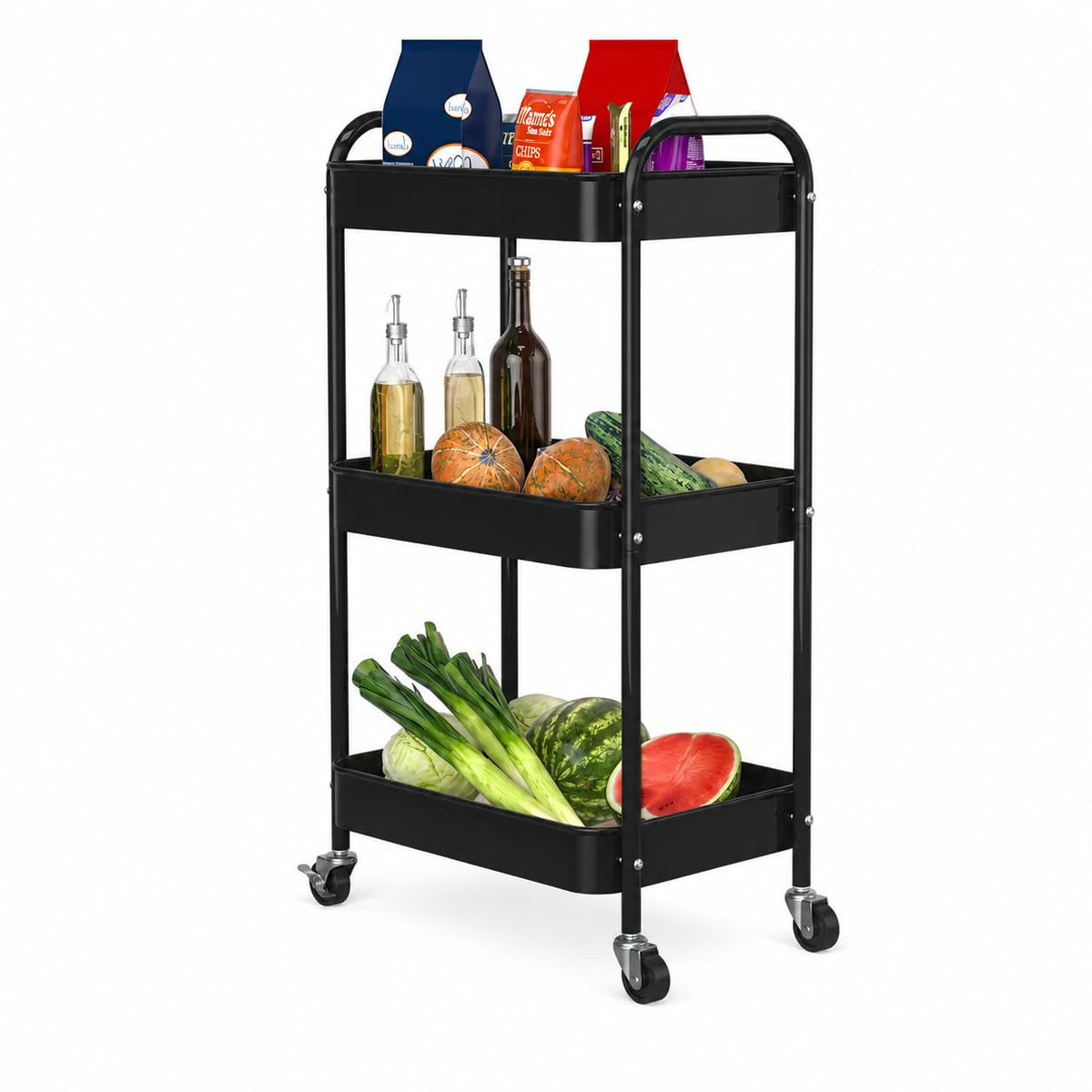 3-Tier Rolling Cart, Metal Utility Storage Carts with Wheels, Black