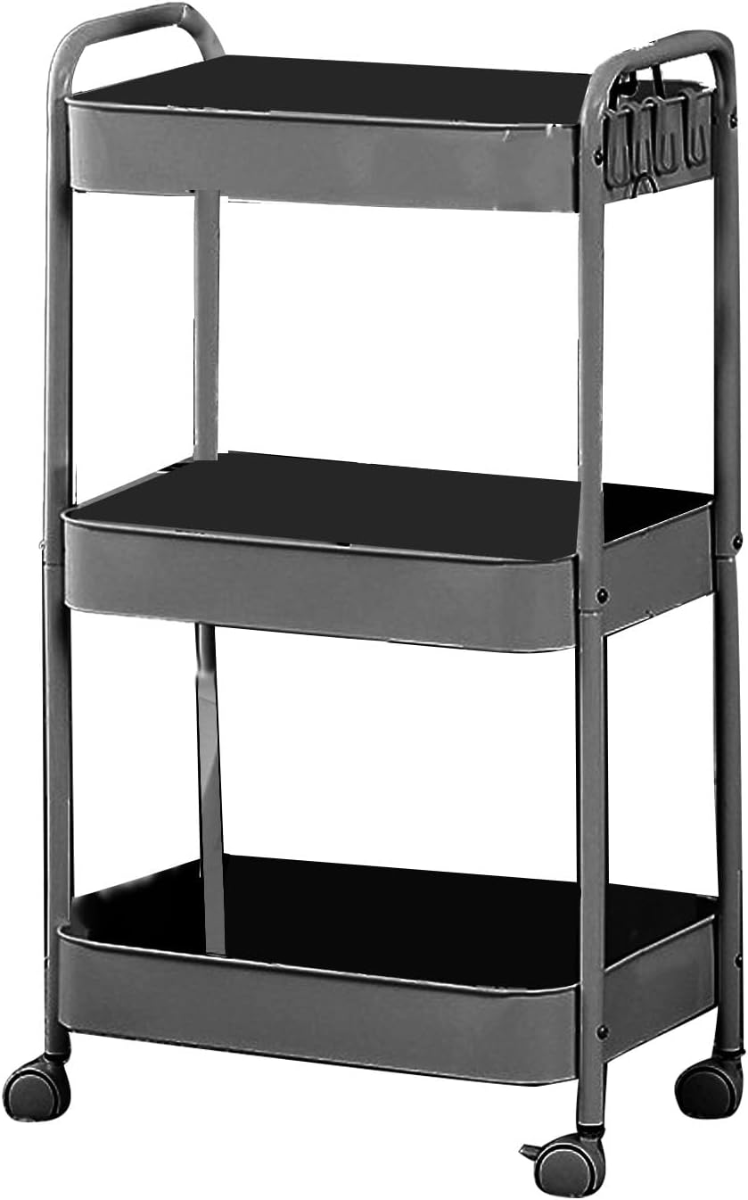 3 Tier Utility Rolling Cart, Movable Storage Organizer Trolley with Caster Wheels, Carbon Steel Multifunctional Shelving Cart for Kitchen Bathroom Bedroom Living Room (3 Layer)