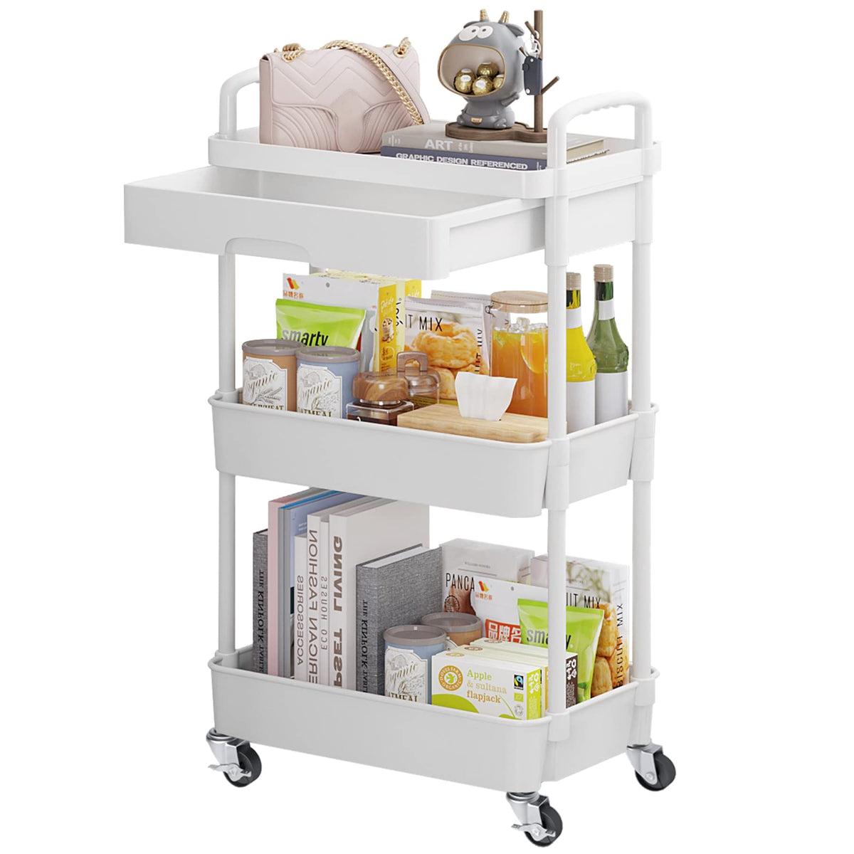 Calmootey 3-Tier Utility Cart with Drawer & Wheels, Storage for Home,Office