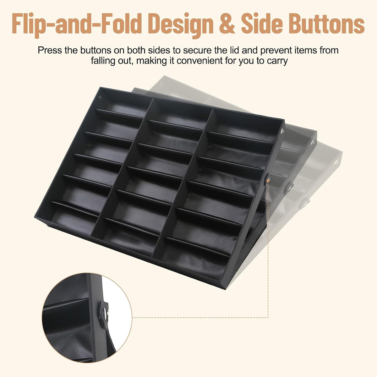 18 Slot Sunglasses Organizer Display Case,Eyeglass Storage Box with Stand,Sunglass Display Stand,Fabric Lined & Snap Closure for Eyewear,Jewelry & Watches (Black)