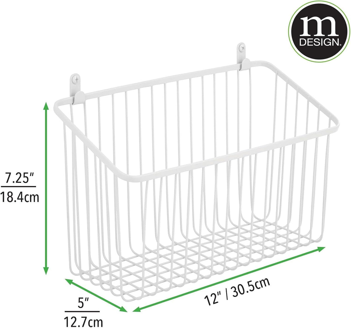 mDesign Small Metal Wire Wall Mounted Storage Organizer Basket Bin for Hanging in Kitchen, Garage, Entryway, Mudroom, Bedroom, Bathroom, Laundry Room - Unity Collection - 2 Pack - White