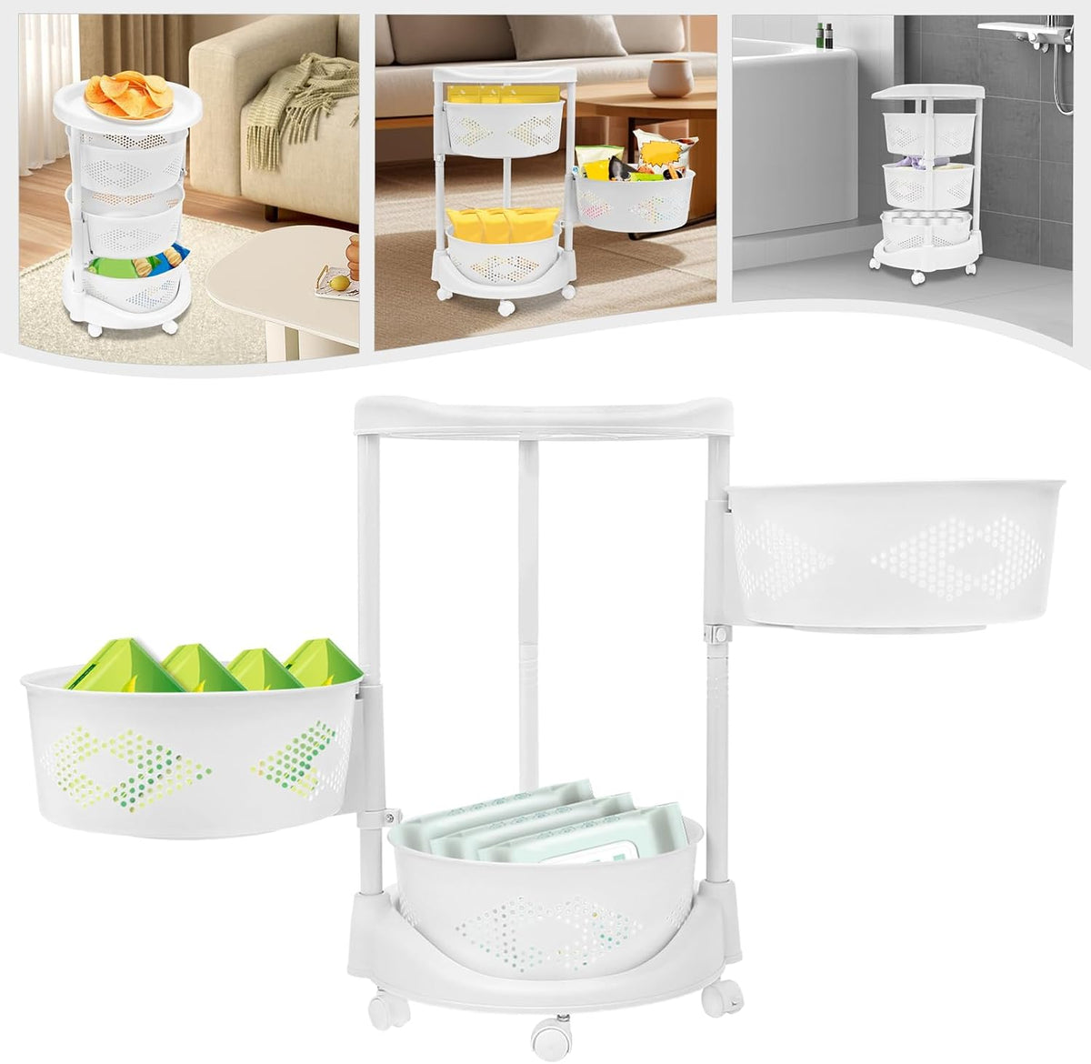 Ringmaster 3 Tier Rotating Storage Rack Multi-Layer Storage Shelves Organizer,Floor Standing Kitchen Storage Cart with Wheels,Fruit Vegetable Storage Basket Shelf for Living Room,Kitchen,Bathroom