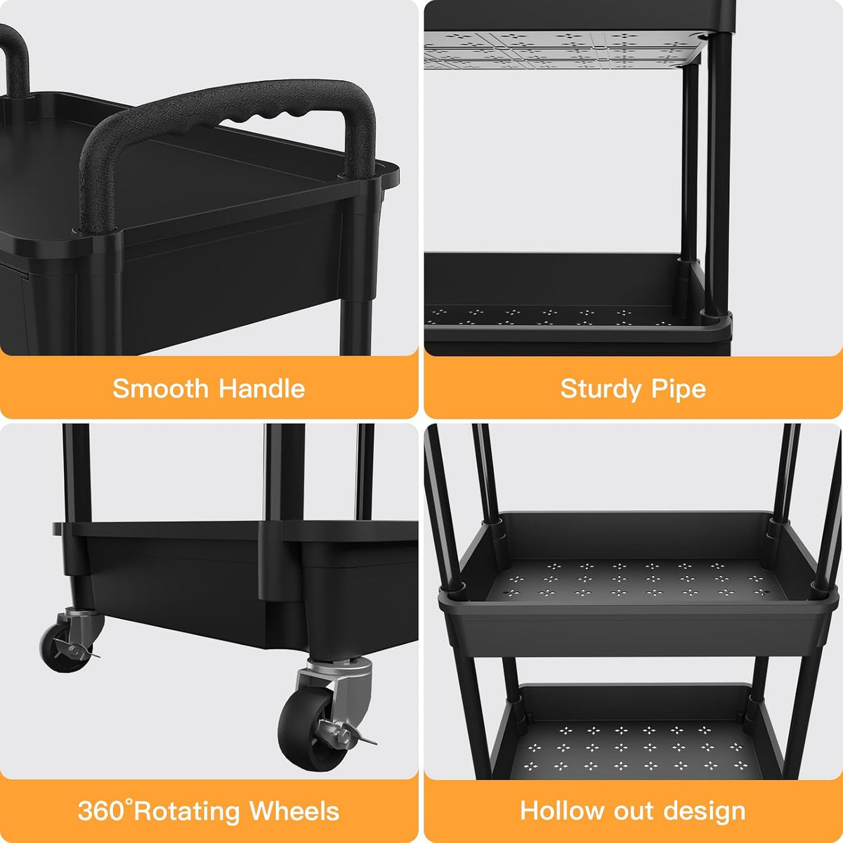4 Tier Rolling Utility Cart with Drawer,REBECAT Utility Cart Made of Multifunctional Storage Organizer Tool for Kitchen,Bathroom,Living Room,Office(Black)