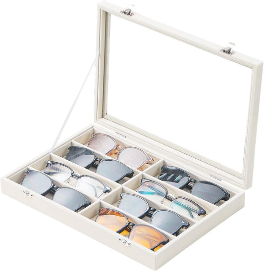Jewelry Sunglasses Organizer Tray, Beige Velvet Eyeglasses Display Tray Box, Glasses Organize Storage Holder for Home Desk or Selling Show Display (with Lid)