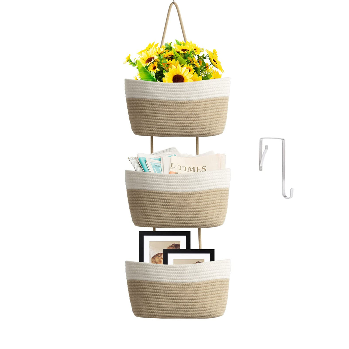 TeoKJ Over the Door Hanging Storage Basket Woven 3 Tier Wall Organizer Jute