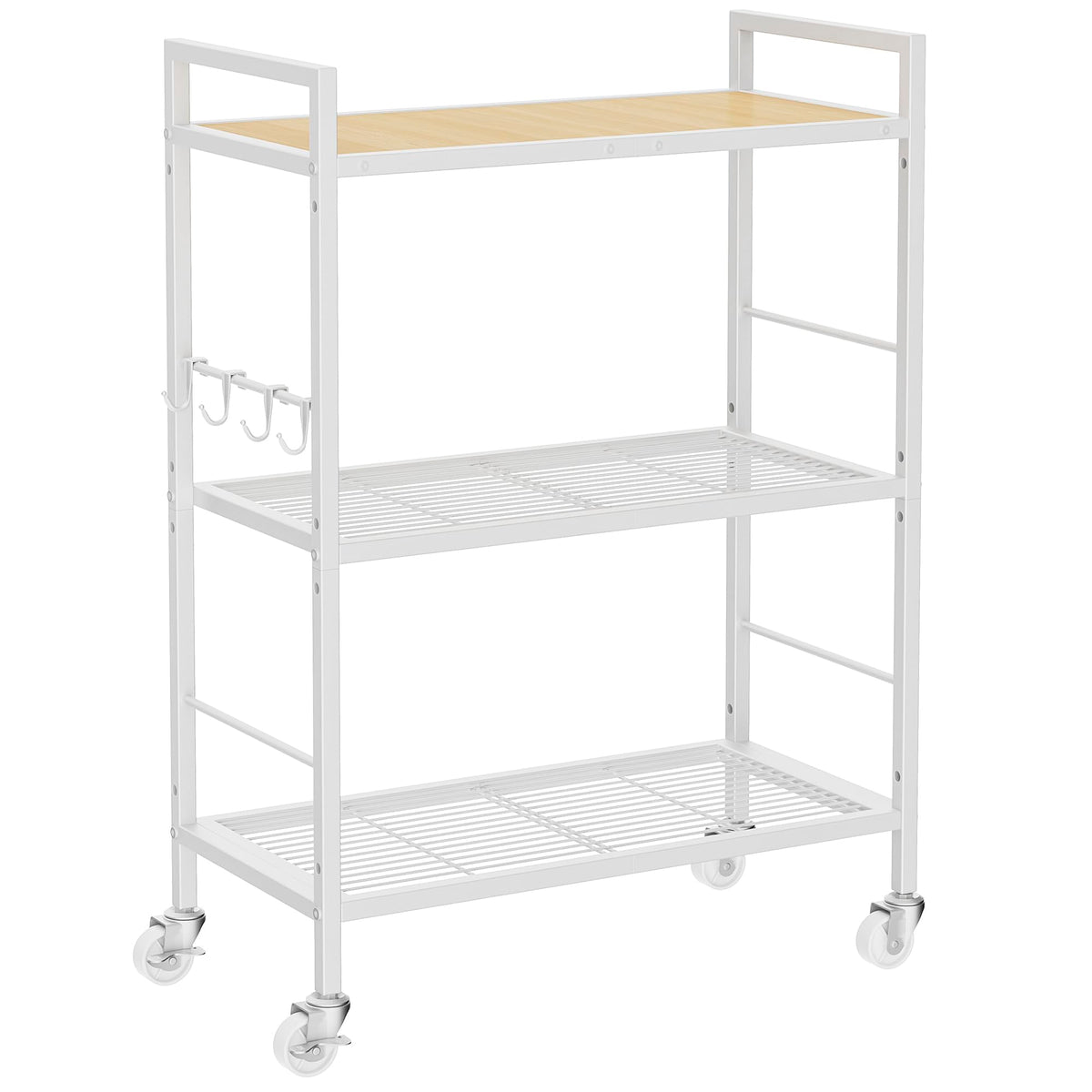 3-Tier Metal Storage Rack with Industrial Wheels,Mesh Shelving Unit with Wooden Table top,Adjustable Shelf,31.5-Inch Width, for Kitchen, Laundry,Pantry,Plant,Black