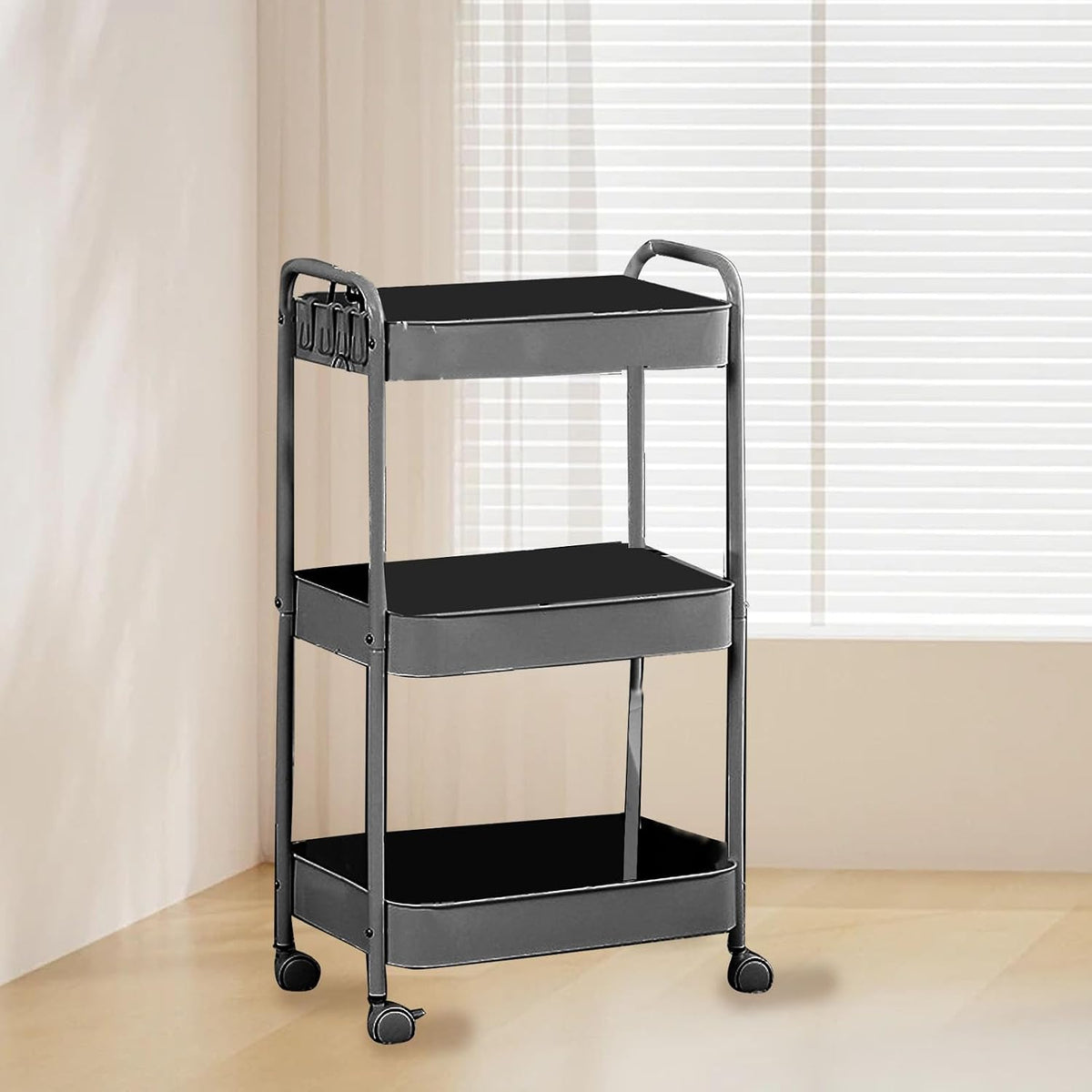 3 Tier Utility Rolling Cart, Movable Storage Organizer Trolley with Caster Wheels, Carbon Steel Multifunctional Shelving Cart for Kitchen Bathroom Bedroom (3 Layer)