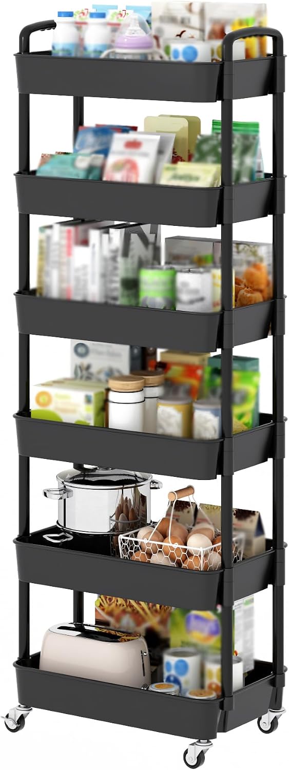 Sywhitta 6-Tier Plastic Rolling Utility Cart with Wheels for Storage,Black