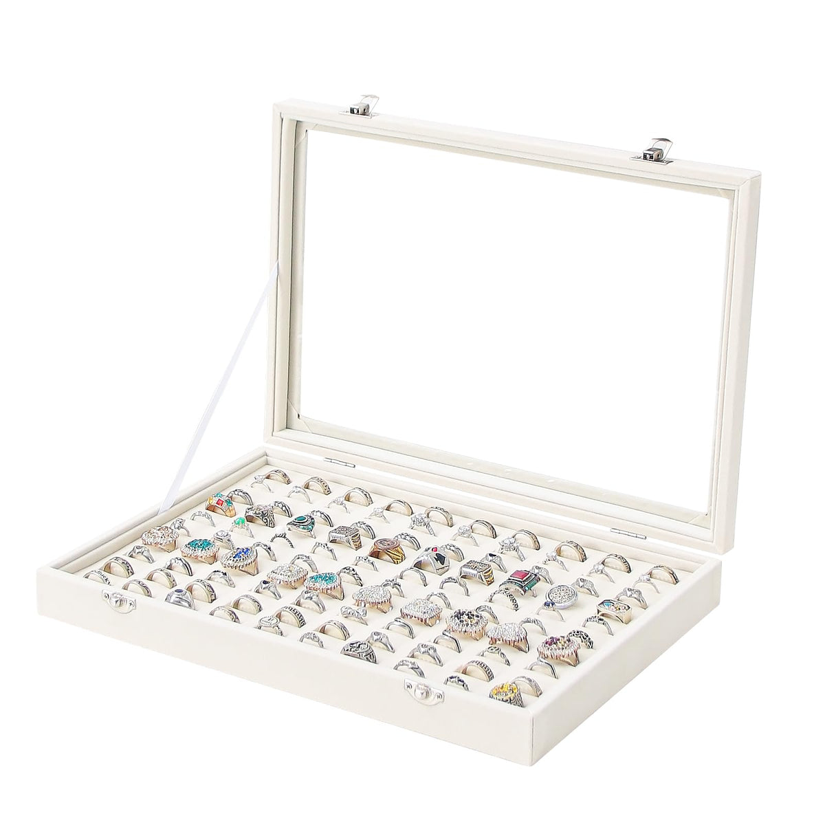 Coward Sunglass Organizer Tray Box, Beige Velvet Grids Eyeglasses Display Tray Case with Transparent Glass Lid for Home Use or Store Shop Selling Show