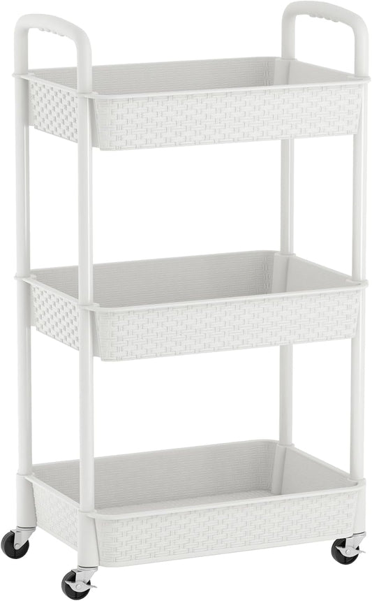 MOYIPIN 3-Tier Plastic Rolling Utility Cart with Handle,Utility Storage Cart for Office, Living Room, Kitchen,Movable Storage Organizer Shelves,White