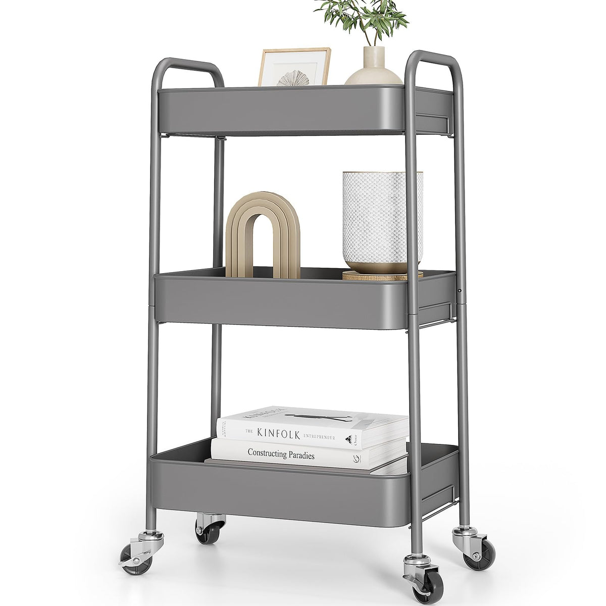 TOOLF 4 Tier Metal Rolling Cart, Utility Storage Cart with Wheels, Black