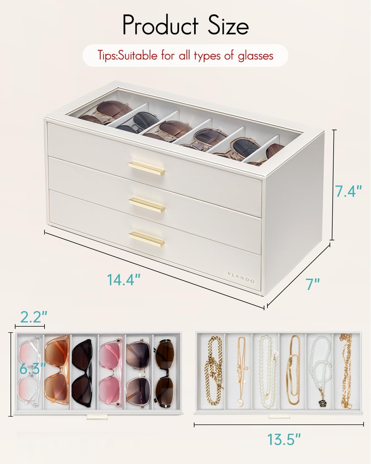 VLANDO 18-Slot Sunglasses Organizer Case with Clear Lid & 3 Drawers,Beige