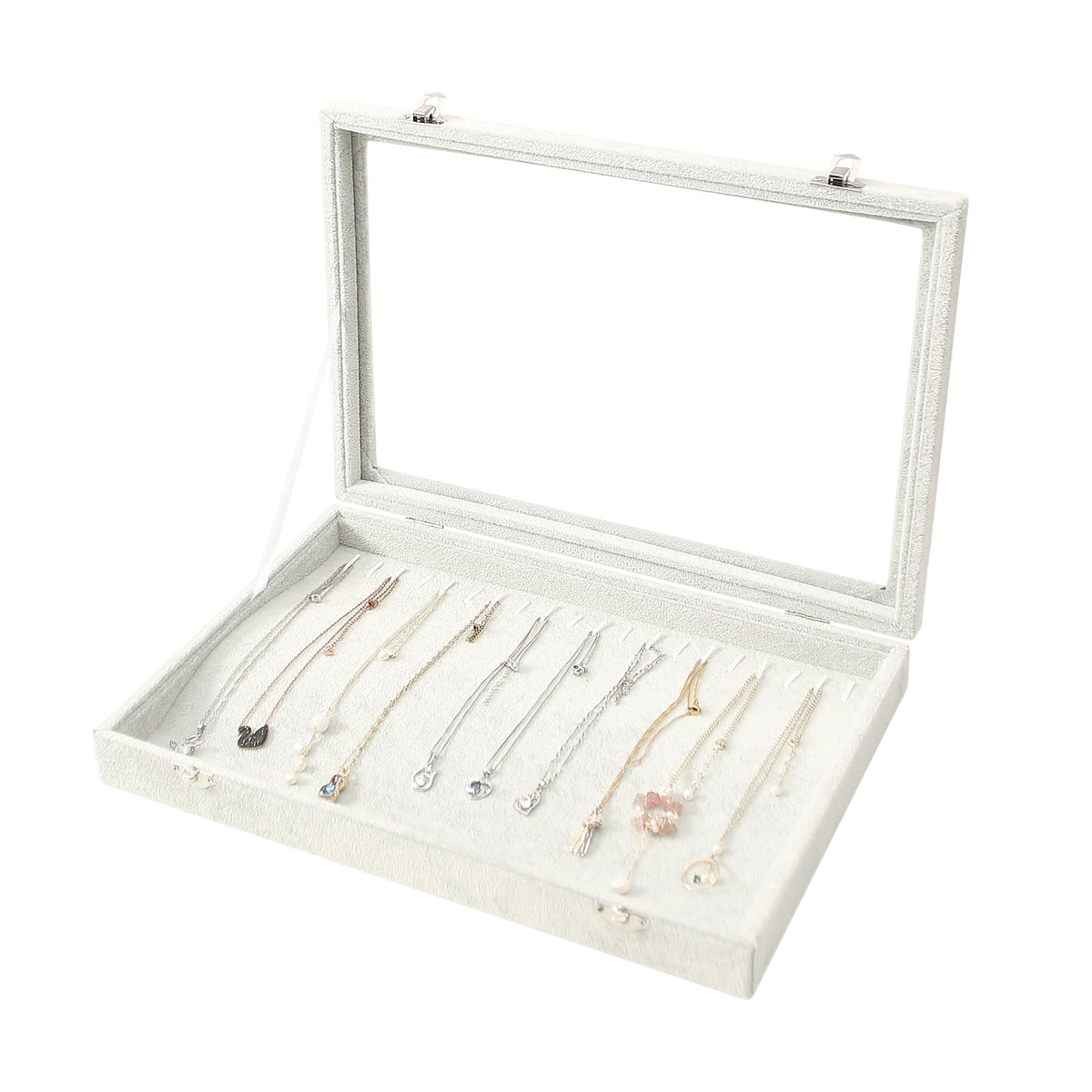 Coward Sunglass Organizer Tray Box, Beige Velvet Grids Eyeglasses Display Tray Case with Transparent Glass Lid for Home Use or Store Shop Selling Show