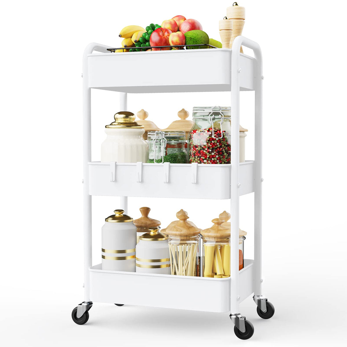 LEHOM 3 Tier Rolling Cart, Metal Rolling Utility Cart with Lockable Wheels