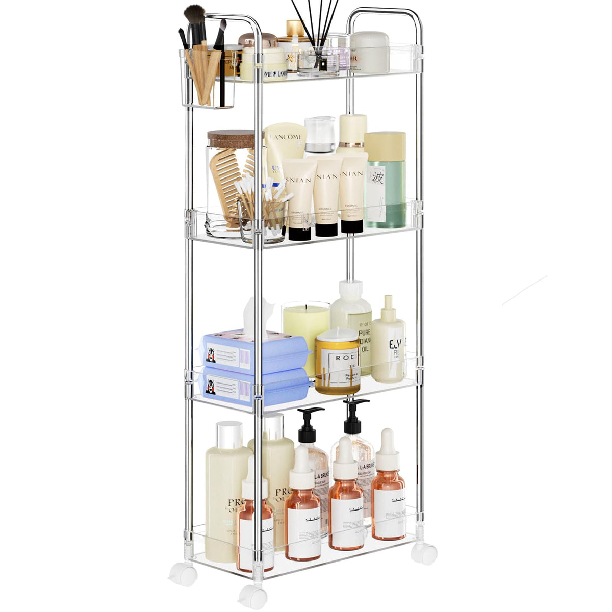SPACEKEEPER 3 Tier Acrylic Storage Rolling Cart Clear Bathroom Cart Organizer, Transparency Laundry Room Organization Mobile Shelving Unit Multifunction Rolling Utility Cart for Office Living Room