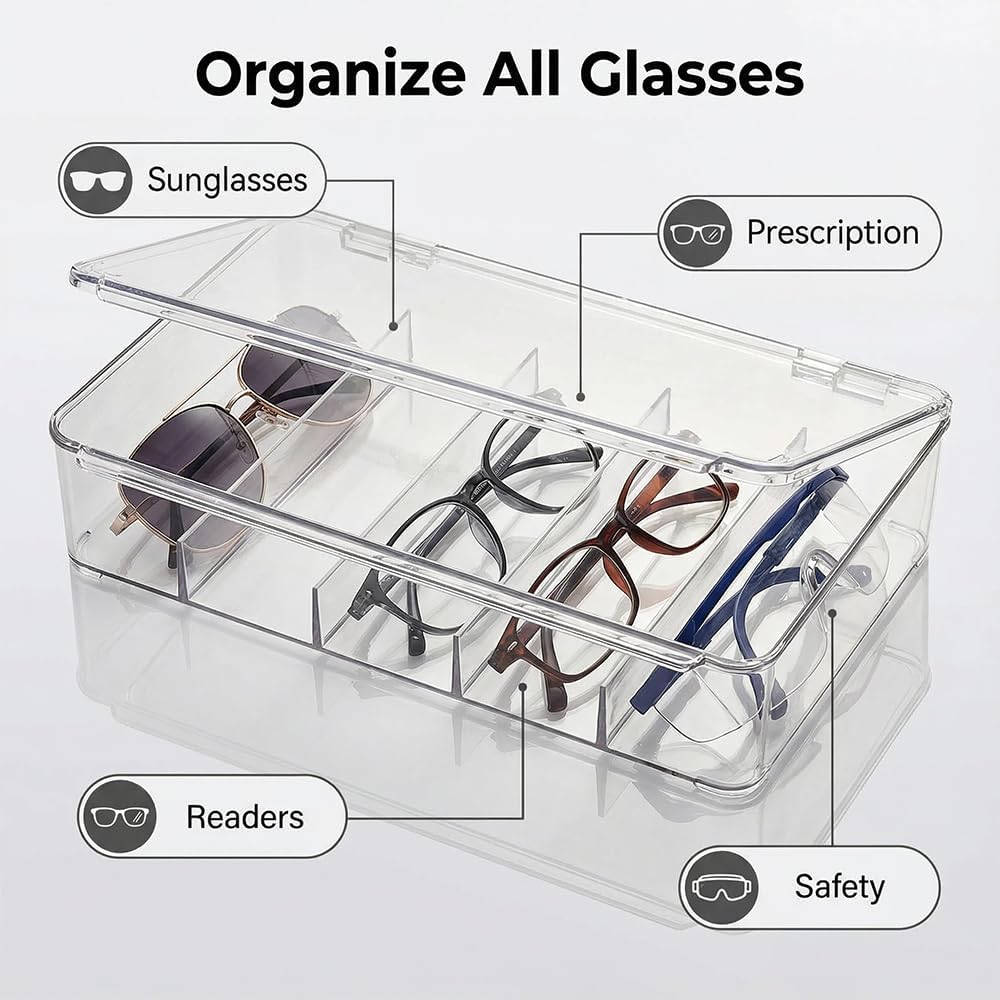 Sunglasses Organizer - Plastic Stackable Eyeglass Case Storage for Multiple Glasses & Reading Glasses