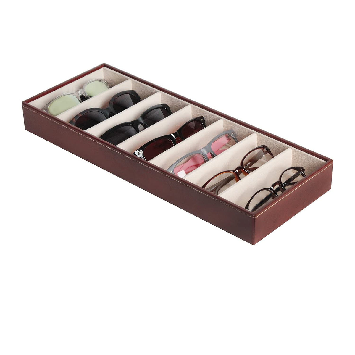 J JACKCUBE DESIGN 7 Slot Sunglasses Organizer, Leather Eyeglass Storage Tray Box for Table, Desk, or Drawer - MK378