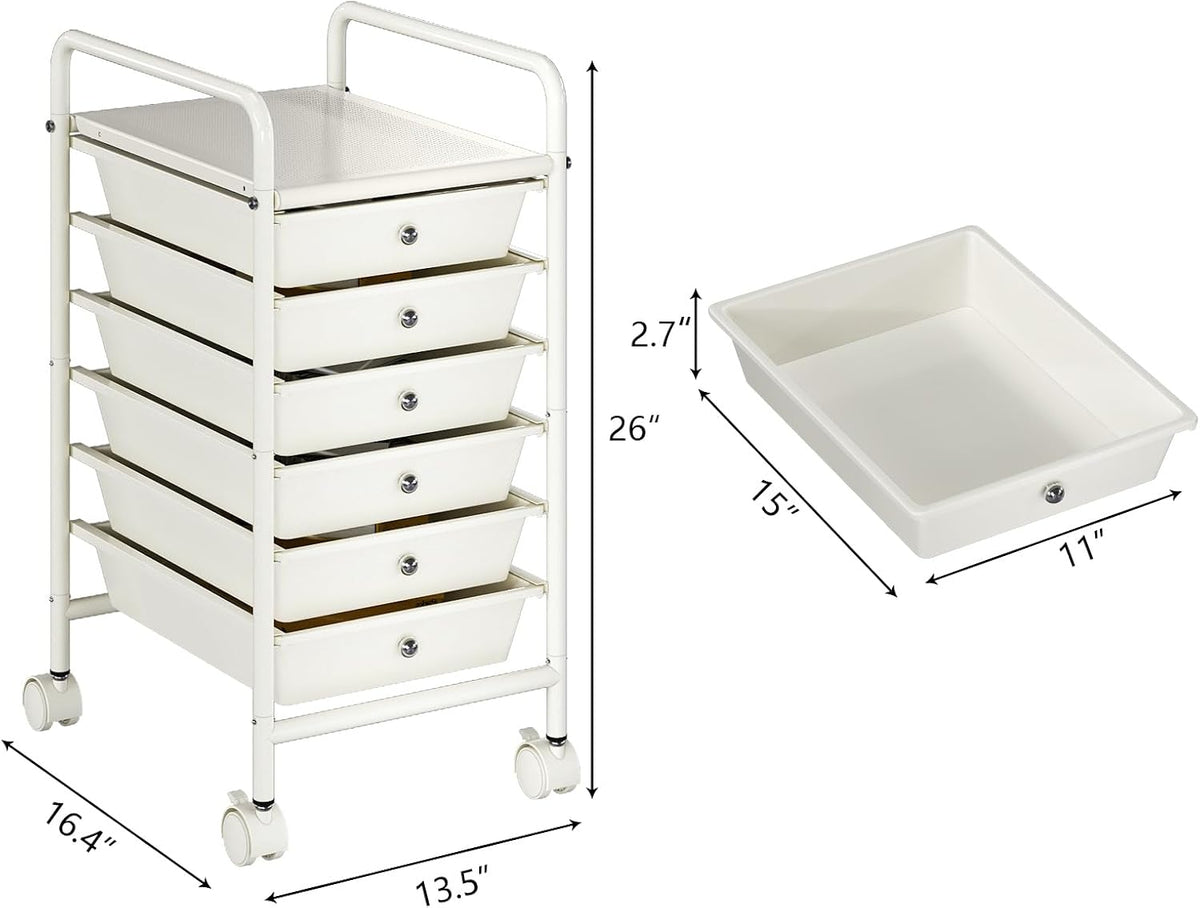 Rolling Storage Cart with Drawers 6-Tier Lock Wheels Office White