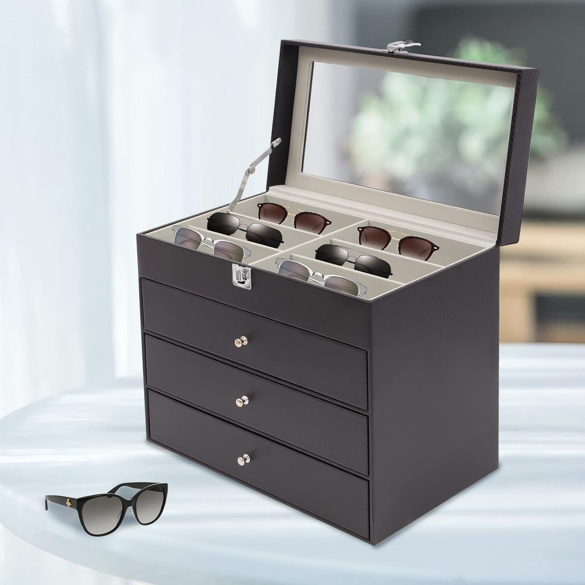 Ringmaster 4 Layer 27 Slots Eyeglasses Storage Box Sunglasses Glasses Dustproof Display Case,Carbon Fiber Eyeglass Holder,Glasses Organizer Case with Drawer Lockable