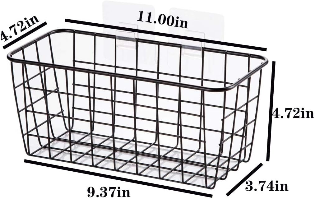 Lele No Drilling Wall Hanging Mounted Metal Wire Baskets with Free Wall Hooks, Kitchen Organization and Storage, Hanging Fruit, Set of 2 Black