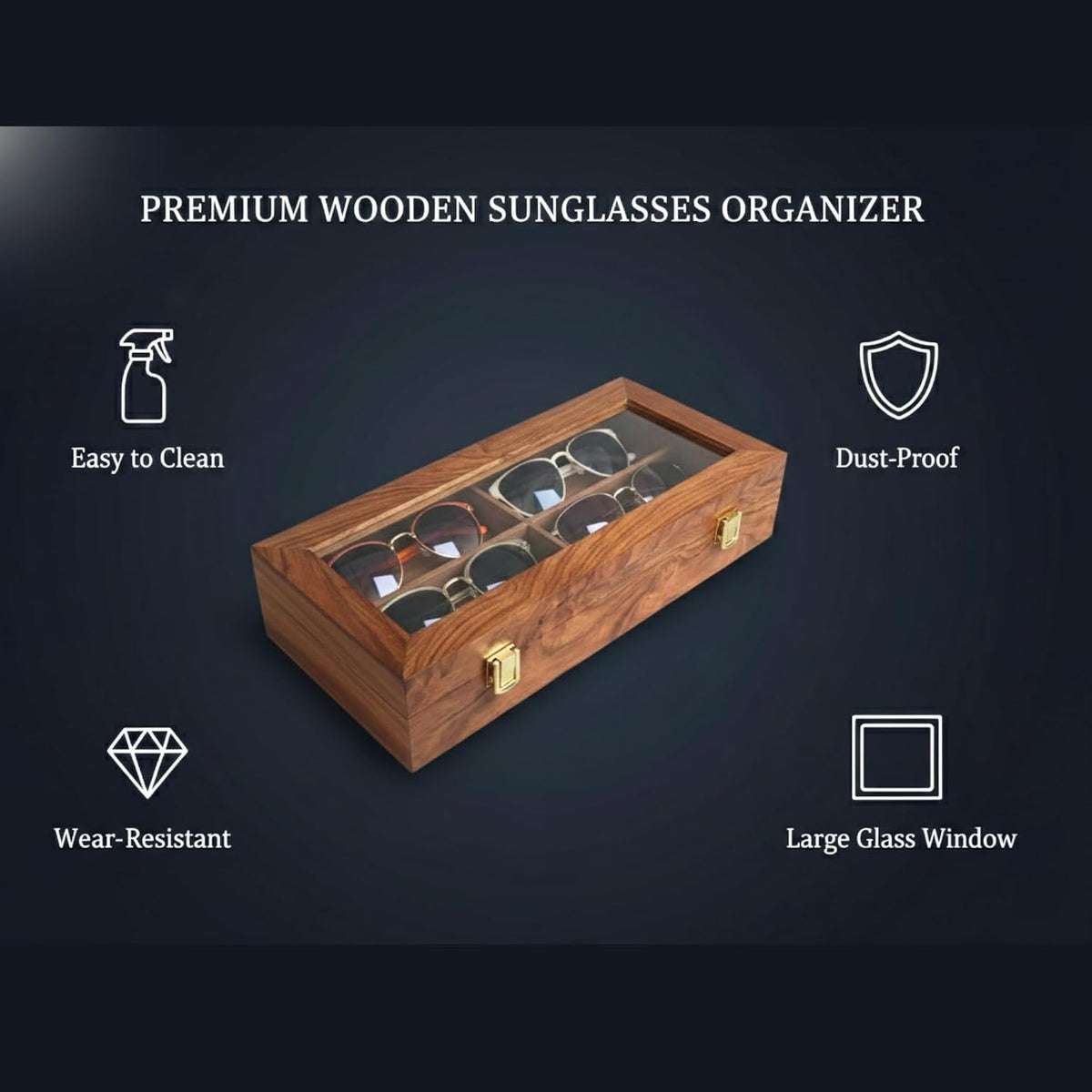 Handmade Wooden Sunglasses Organizer Box with Glass Lid – Luxury Eyewear Storage Case for Men –6 Slot Glasses Display Holder, Watch & Eyeglass Collector Box, Gift for Him (2)