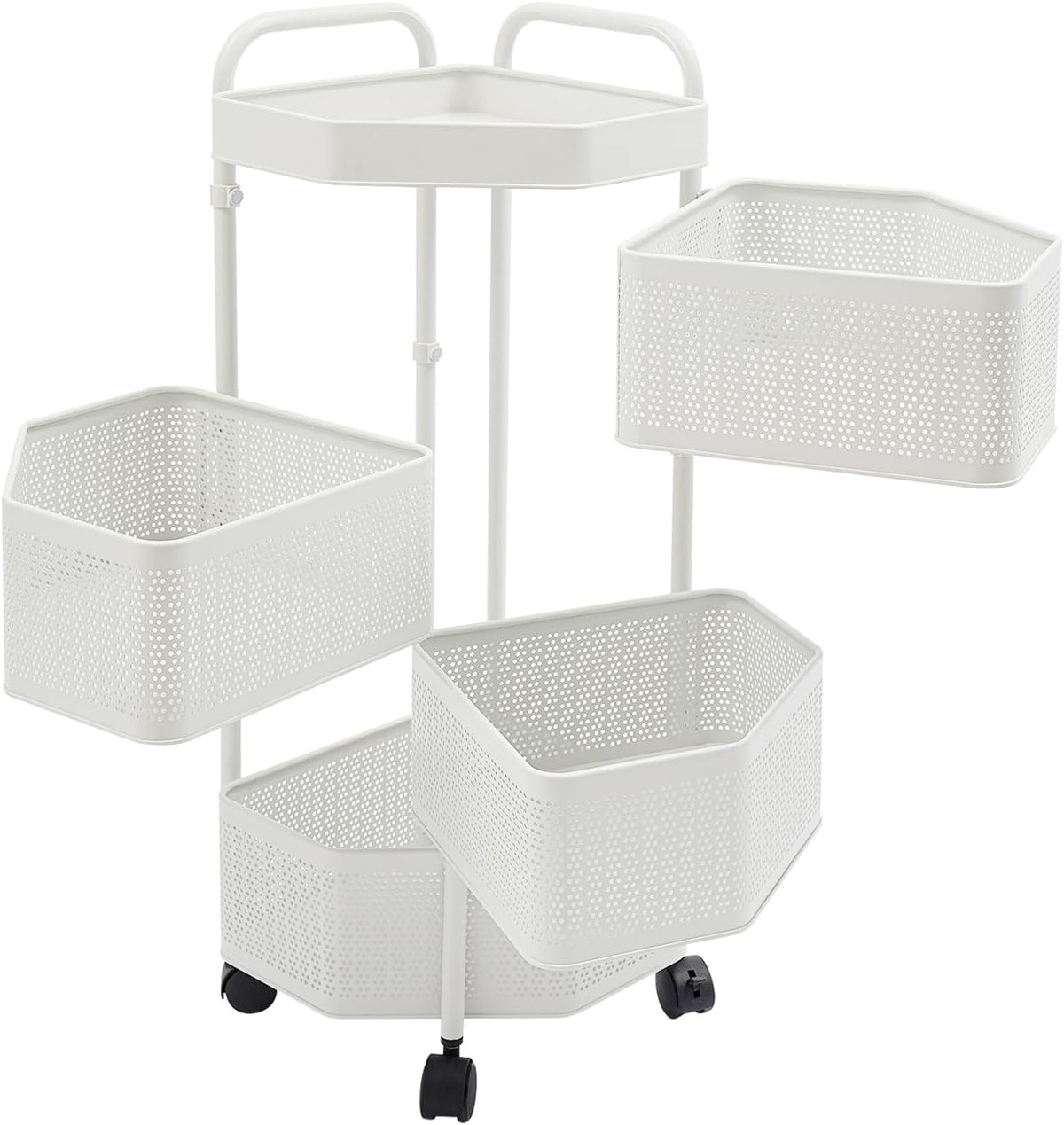 4 Tier Rolling Storage Cart – Swivel Kitchen Shelf with Wheels – Solid Carbon Steel, Rustproof – Magnetic Baskets Stay in Place – for Onion, Potato, Cans, Spices – White