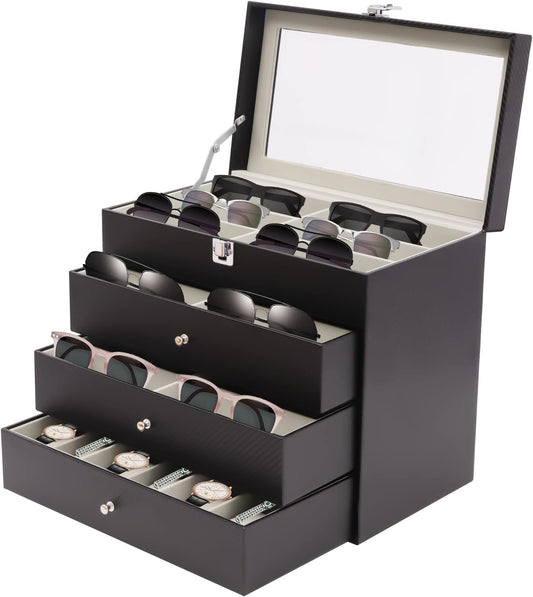 Ringmaster 4 Layer 27 Slots Eyeglasses Storage Box Sunglasses Glasses Dustproof Display Case,Carbon Fiber Eyeglass Holder,Glasses Organizer Case with Drawer Lockable