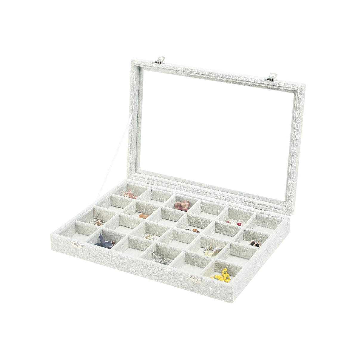 Coward Sunglass Organizer Tray Box, Beige Velvet Grids Eyeglasses Display Tray Case with Transparent Glass Lid for Home Use or Store Shop Selling Show