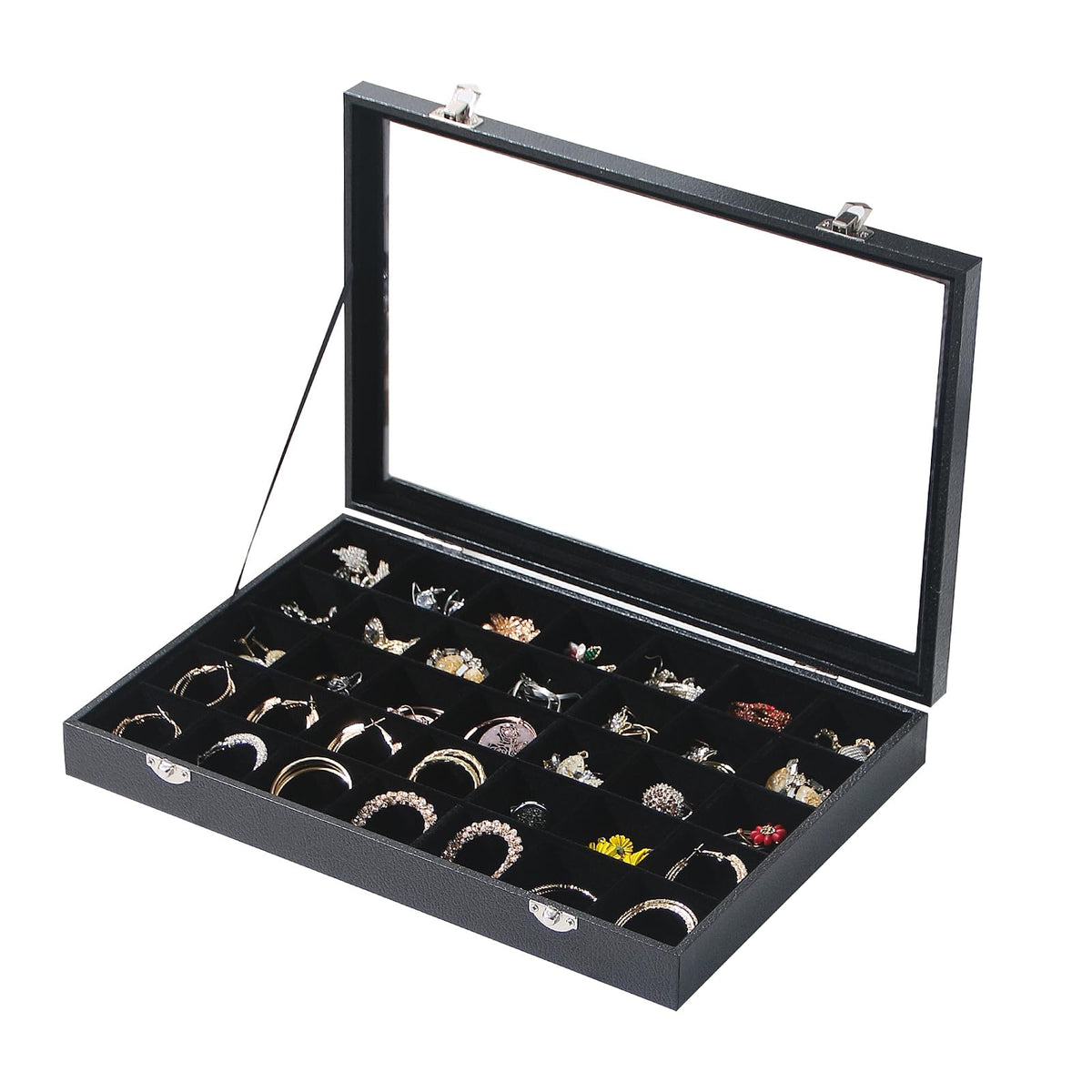 Coward Sunglass Organizer Tray Box, Beige Velvet Grids Eyeglasses Display Tray Case with Transparent Glass Lid for Home Use or Store Shop Selling Show