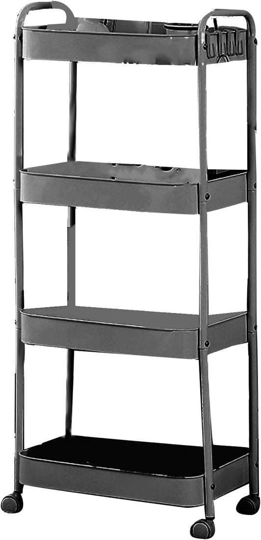 3 Tier Utility Rolling Cart, Movable Storage Organizer Trolley with Caster Wheels, Carbon Steel Multifunctional Shelving Cart for Kitchen Bathroom Bedroom (4 Layers)