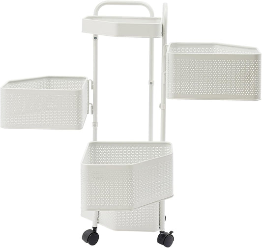 4 Tier Rolling Storage Cart – Swivel Kitchen Shelf with Wheels – Solid Carbon Steel, Rustproof – Magnetic Baskets Stay in Place – for Onion, Potato, Cans, Spices – White