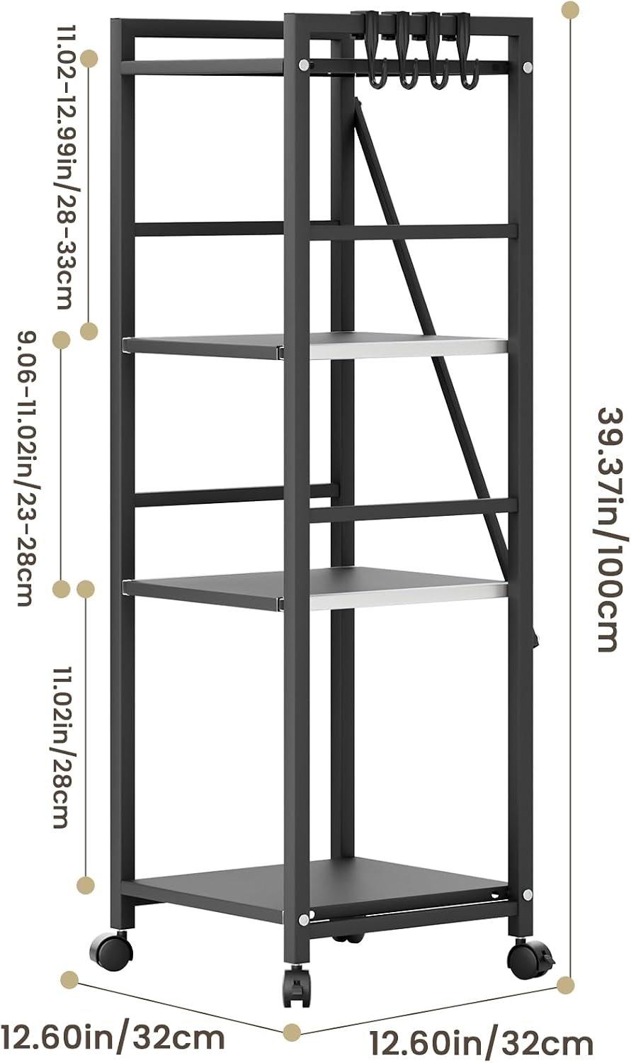 HEVIRGO 4 Tier Kitchen Storage Shelf Trolley with Wheels, Multipurpose Strong Load-Capacity Adjustable Free-Standing Storage Rack, Easy Assembly Storages Shelf Trolley Black Triple Layer