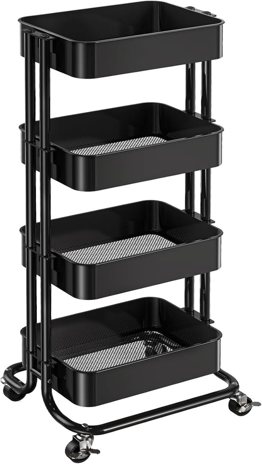 Pipishell 4 Tier Metal Rolling Utility Cart with 2 Lockable Wheels, Black