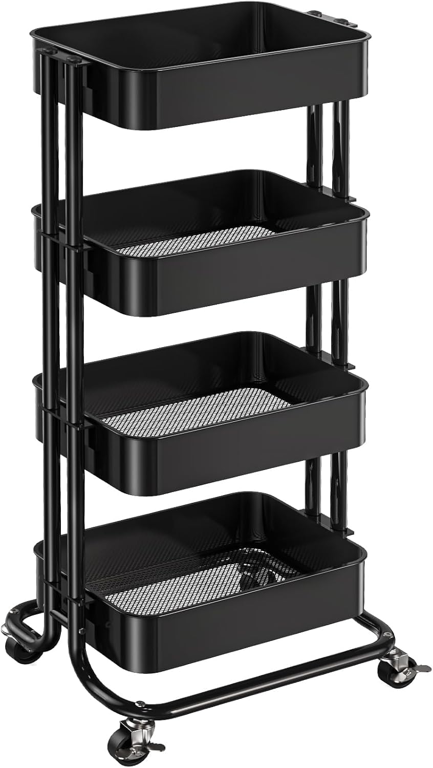 Pipishell 4 Tier Metal Rolling Utility Cart with 2 Lockable Wheels, Black