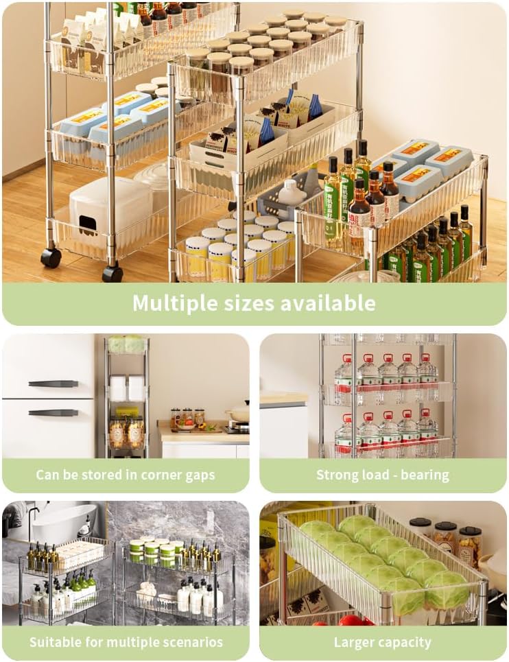 Sooyee Slim Clear 3-Tier Plastic Rolling Utility Cart with Wheels