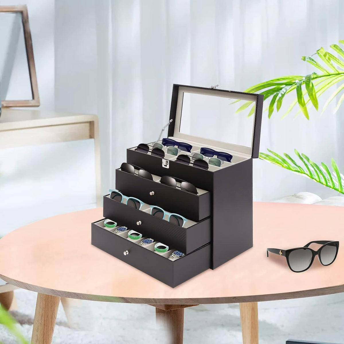 Ringmaster 4 Layer 27 Slots Eyeglasses Storage Box Sunglasses Glasses Dustproof Display Case,Carbon Fiber Eyeglass Holder,Glasses Organizer Case with Drawer Lockable